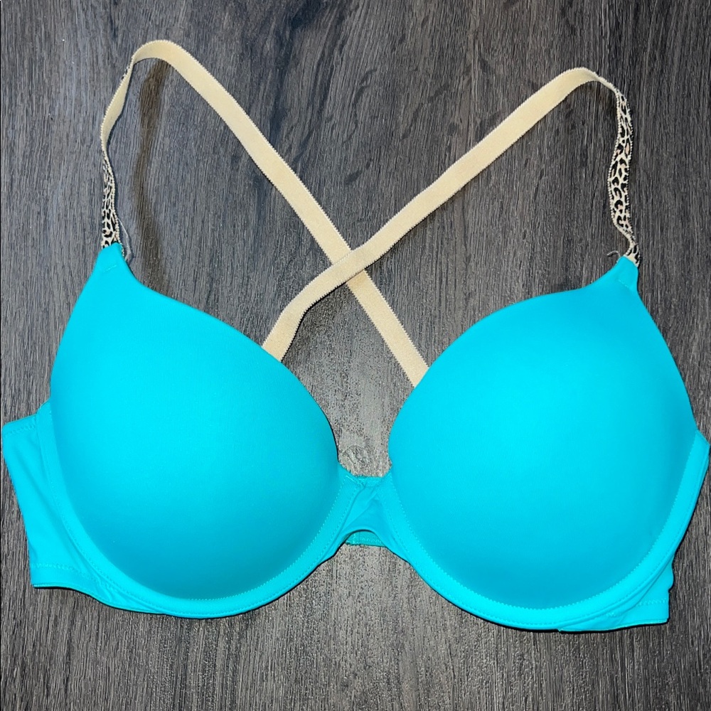 Victoria’s Secret PINK Teal Blue Wear Everywhere Push Up Bra with Leopard Straps